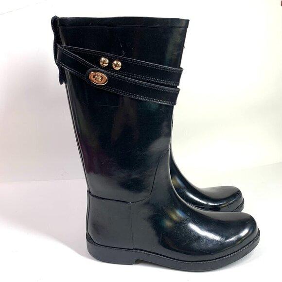Coach Tara Tall Rubber Rain Boot With Turn Lock Harness Black Gloss Size 7B - Picture 1 of 9